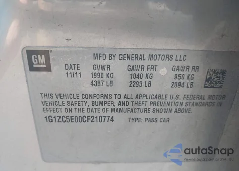 2012 Chevrolet Malibu Lt W/1Lt from USA, damaged, VIN 1G1ZC5E00CF210774